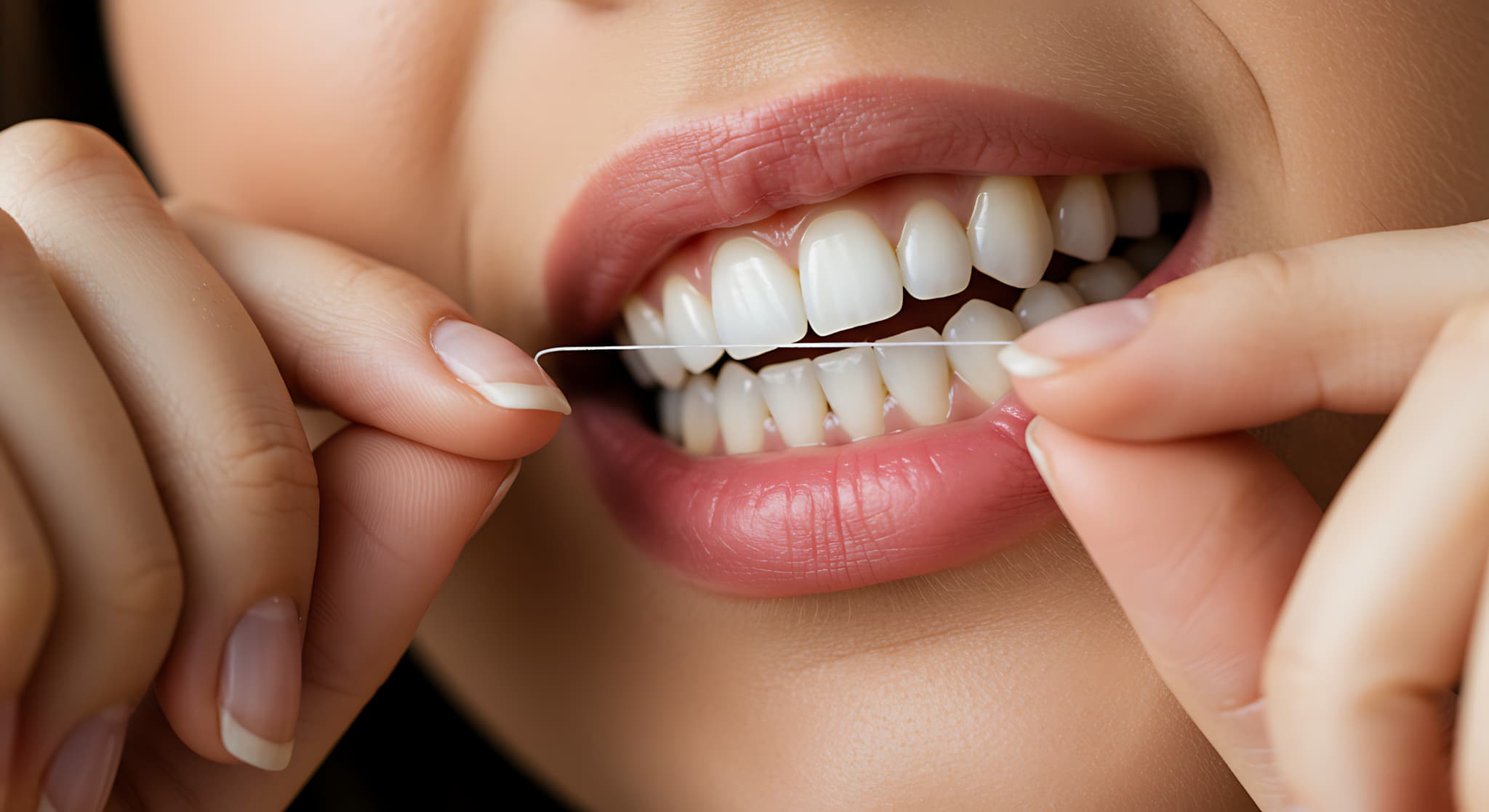 デンタルフロスを使用し歯のケアをする様子