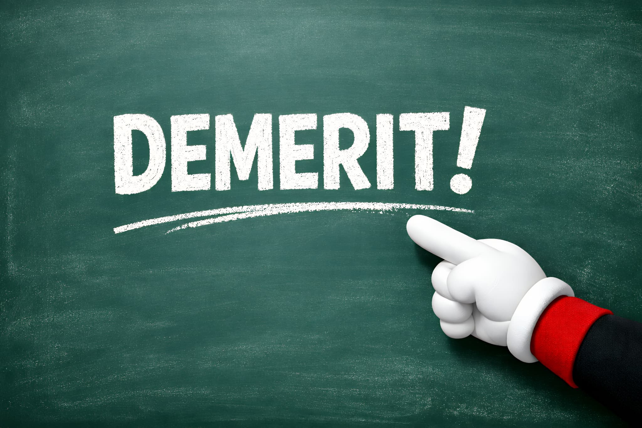 黒板のDEMERIT!の文字を示して銀歯を白くするデメリットについて説明するイメージ