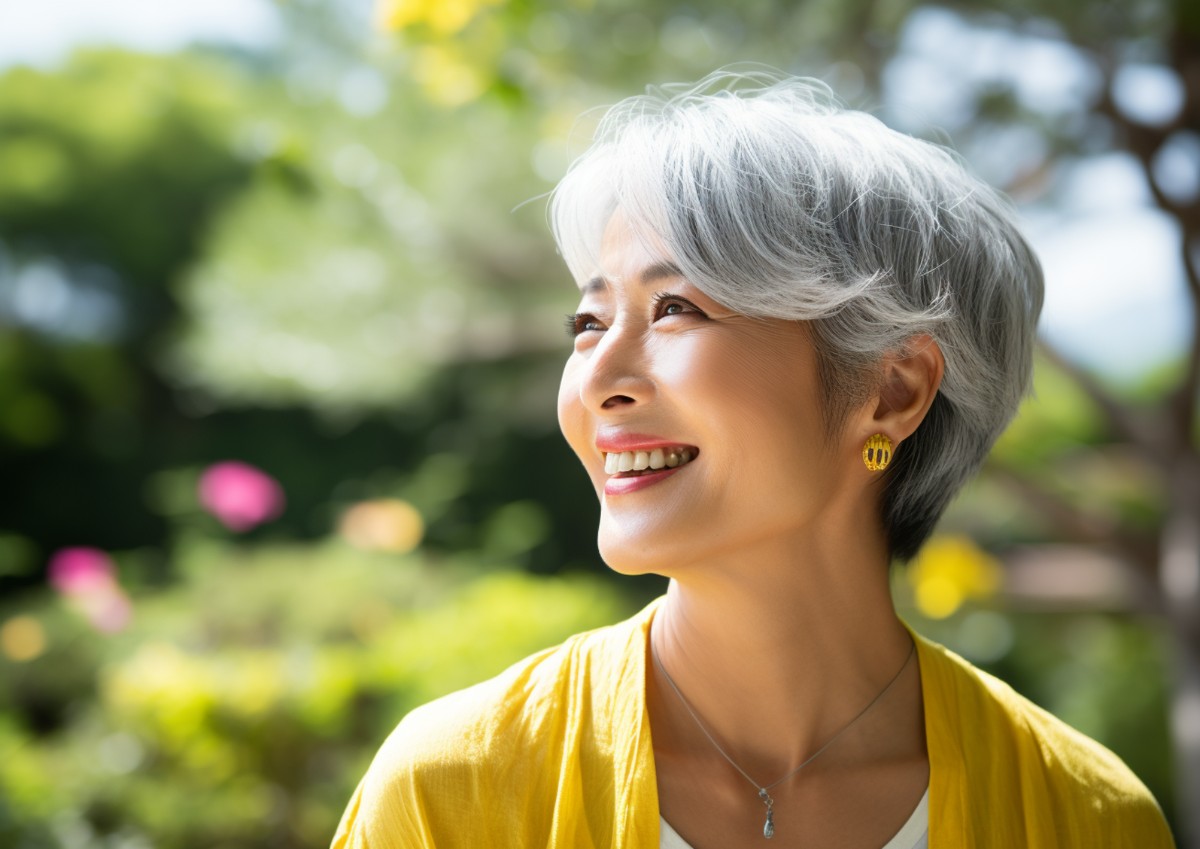 前歯を入れ歯にして満足して微笑む女性